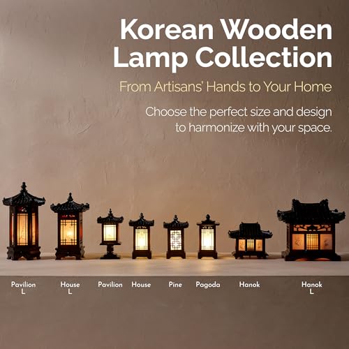Carved Wood Table Lamp Handmade Traditional Korean House Pavilion Pagoda Design Art Deco Lantern Brown Asian Oriental Bedside Bedroom Lamp Accent Unusual Light