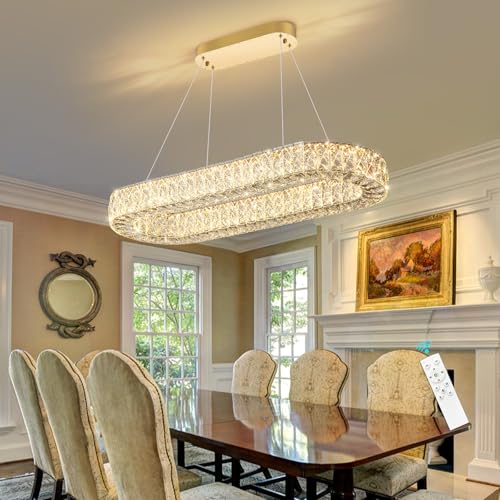 Modern Crystal LED Chandelier Dimmable Oval Chandeliers Rectangular Dining Room Light Fixture with Remote for Living Room Kitchen Island Gold