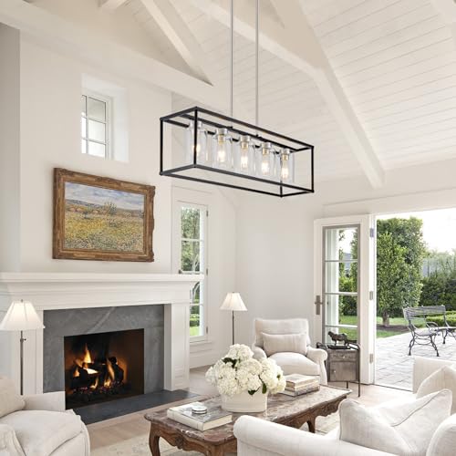 5 Light Dining Room Light Fixture Modern Farmhouse Chandeliers Over Table Black & Brushed Nickel Rectangular Pendent Lighting for Kitchen with Glass Shade Hanging Industrial Ceiling Light