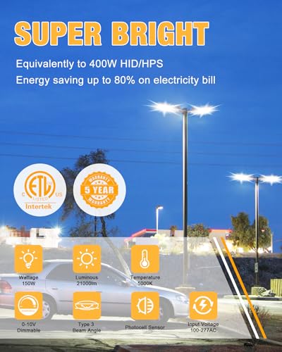 LED Parking Lot Light 150W 21000LM 5000K (3 Count)