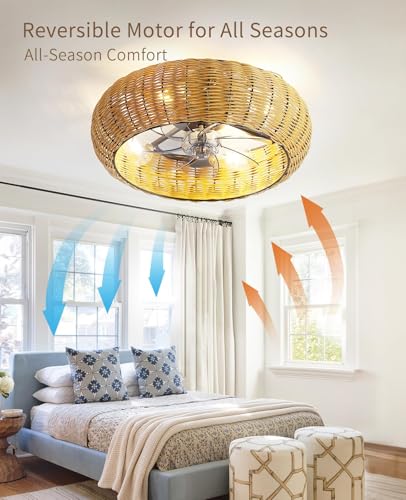 20" Boho PC Woven Low Profile Caged Ceiling Fan with Light and Remote (Brown / Medium)