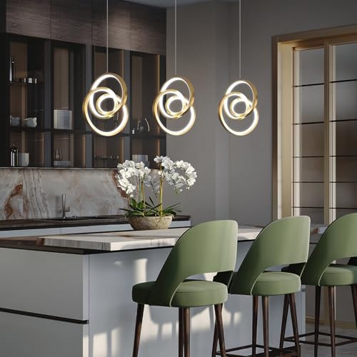 Modern LED Pendant Light Fixtures 5500K Pendant Lights Kitchen Island Lighting Adjustable Height Gold Hanging Lamp for Dining Room Bedroom Living Room (3 Count)