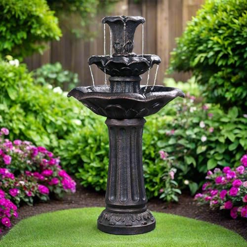 Lily Flower Floor Pedestal 3 Tiered Floor Waterfall Fountain with Pump for Outdoor Patio Garden Backyard Decking