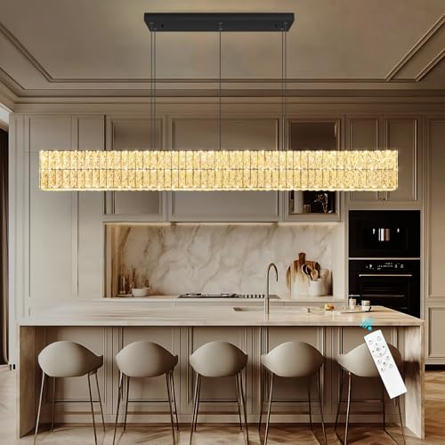 Rectangular Crystal Chandelier Dimmable LED Linear Chandeliers for Dining Room Remote Ceiling Pendants Light Fixture for Kitchen Island Black