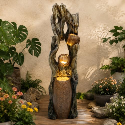 42.7" 3 Tier Outdoor Water Fountain LED Tree Trunk Jar Waterfall