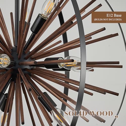 24" 12 Light Black Sputnik Chandelier Solid Wood Hanging Light