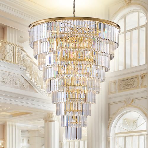 48 Inch Gold Tiered Crystal Tube Chandelier