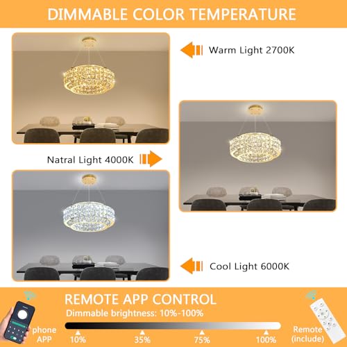 LED Chandeliers for Dining Room LED Dimmable Pendant Lights for Kitchen Island Crystal Adjustable Chandelier for Bedroom Hallway Entrance 16" Gold Light