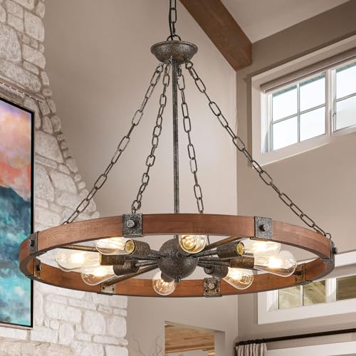Farmhouse Wagon Wheel Chandelier 31.5" Walnut Rustic Chandeliers 8