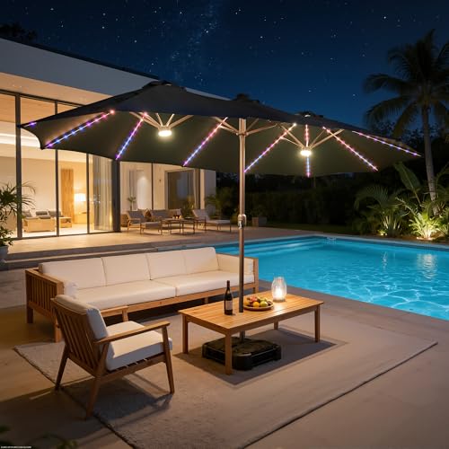 15FT Patio Umbrella With Multicolor Solar Light