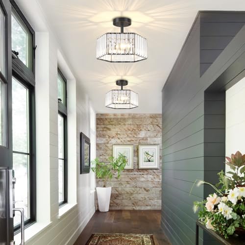 Modern Black Semi Flush Mount Ceiling Light Crystal Entryway Light Fixture