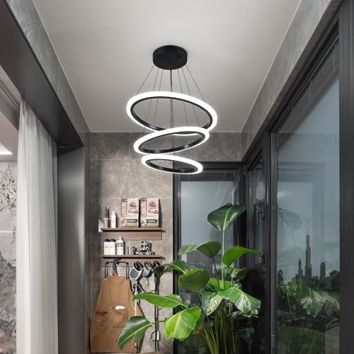 Modern 3 Ring LED 52W Black Pendant Light with Irregular Ring Lights Adjustable Hanging Lamp for Dining Room Bedroom Kitchen Island Cafe