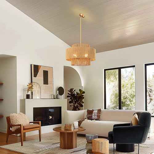 24'' Boho Rattan Chandelier, 4-Light Hand-Woven Wicker Pendant Lamp, Rustic Modern Ceiling Light Fixture for Dining Room, Kitchen Island, Living Room, Bedroom, Foyer, Entryway, Over Table