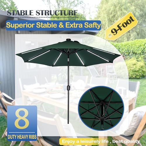 9FT Patio Umbrella with Solar Lights 8 LED Lights Dark Green