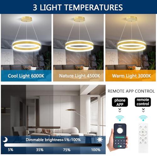 D15.7'' Modern Ring Chandelier for Dining Room LED Dimmable Pendant Lighting High Ceiling Chandelier for Living Room Foyer Bedroom Entryway 3000K