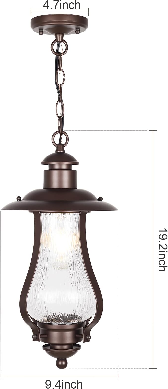 Treekee Outdoor Pendant Light, Vintage Hanging Lantern with Wood Grain Glass, Farmhouse Adjustable Brown Exterior Chandelier Fixture with E26 Socket for Porch, Patio, Entryway, Gazebo - Aura Lighting