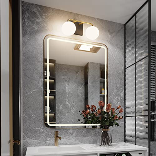 2 Lights Mid Century Vintage Bathroom Vanity Light Fixtures Over Mirror Black Gold Industrial Vanity Lights with Milk White Glass Globe Farmhouse Bath Lighting