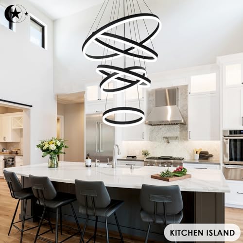5 Rings Modern LED Chandelier Black Dimmable High Ceiling Chandelier for Dining Room with Remote Control for Foyer Living Room Entryway Staircase