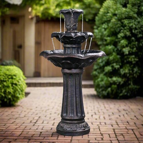Lily Flower Floor Pedestal 3 Tiered Floor Waterfall Fountain with Pump for Outdoor Patio Garden Backyard Decking