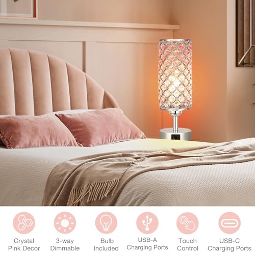 Pink Crystal Touch Lamp with USB C+A
