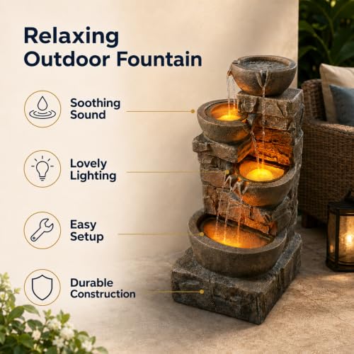 33.27" Cascading Bowls & Stacked Stones LED Water Fountain for Outdoor Living Spaces