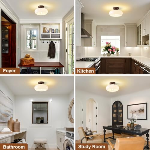 Mid Century Modern Faux Walnut Wood Semi Flush Ceiling Light 11.0 Inch