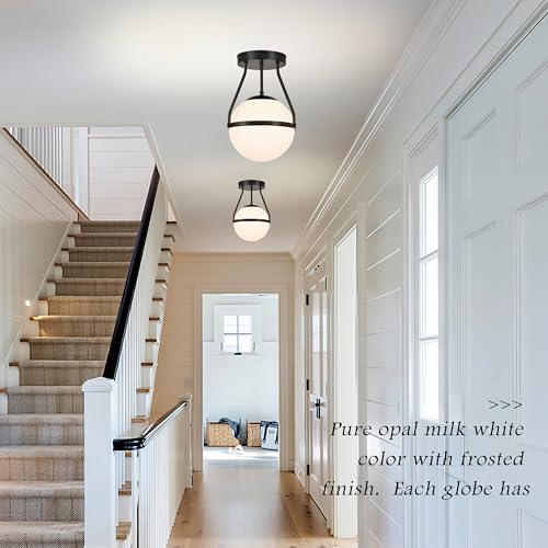8 Inch Mid Century Ceiling Light Modern Semi Flush Mount Ceiling Light Fixture Globe Ceiling Light Fixture with Milk Glass Shade Matte Black Finish for Kitchen Island Hallway Laundry