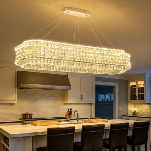 L47 x W12 Modern Chandeliers for Dining Room LED Dimmable Pendant Lighting Ceiling Chandelier Crystal Rectangle Light Fixtures Gold