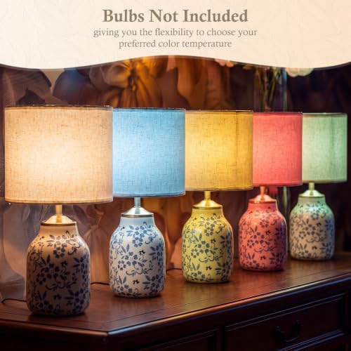 1 Pcs 21" Chinoiserie Blue Ceramic Lamp with Beige Linen Shade