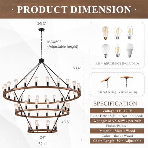 Farmhouse Wooden Wagon Wheel Chandelier 48
