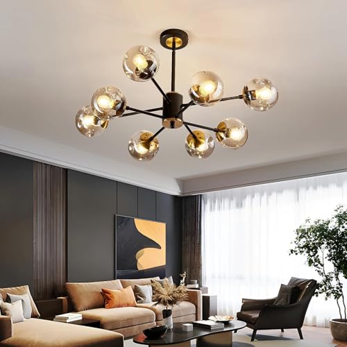 8 Light Sputnik Chandelier with Glass Globe Black and Gold Dinning Light Fixture Modern Mid Century Ceiling Light for Lliving Room Master Bedroom Kitchen