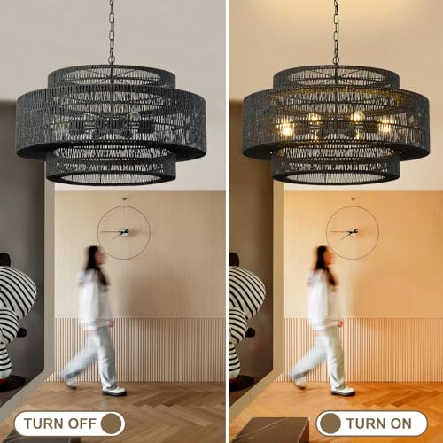 31.5"Large Boho Rattan Farmhouse Chandeliers for Dining Room