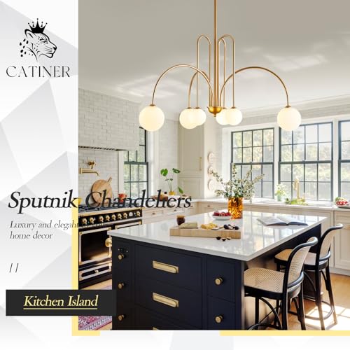 Modern 40" 6 Light Gold Sputnik Chandelier with Milk Glass Globe