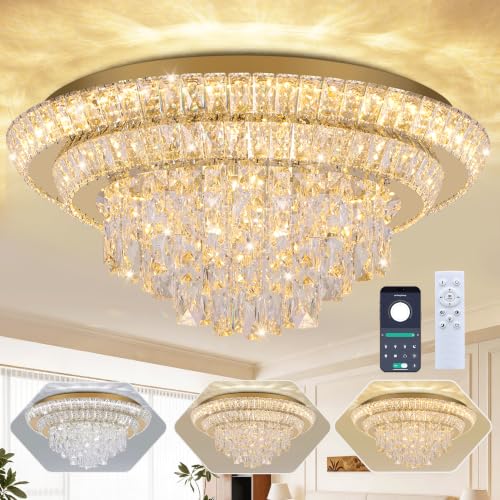 24" Gold Crystal Flush Mount Chandelier Modern LED Ceiling Light Fixture