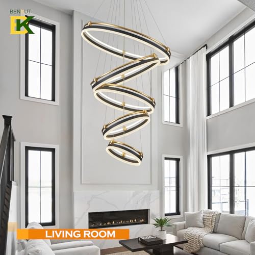 5 Rings Modern LED Chandelier Black Gold Dimmable Large High Ceiling Chandeliers Foyer