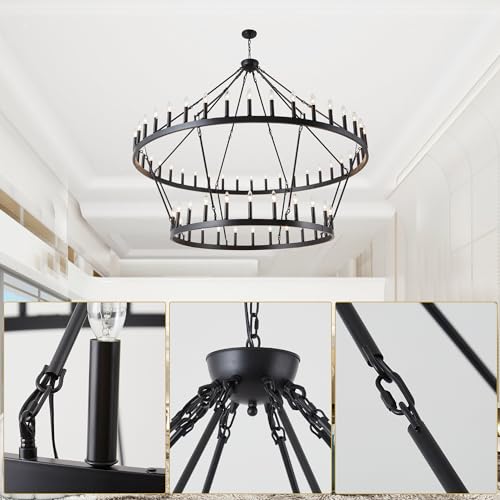 Rustic Farmhouse Wagon Wheel Chandelier Black Large Chandeliers for High Ceilings 2 Tier 64Lights 70 Inch for Dining Room Living Room Foyer Porch Kitchen Island