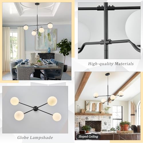 Modern 31" 4 Light Black Sputnik Chandelier with Milk Glass Globe (4 Count)