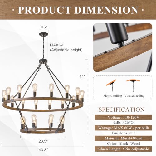 Oak Wooden Wagon Wheel Chandelier 24