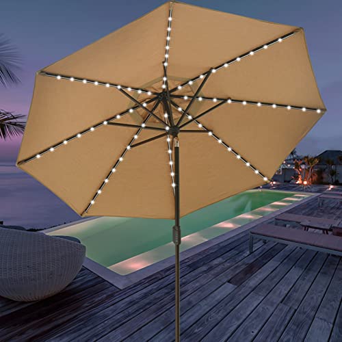 USA 10-Year-Non-Fading 9ft Market Patio Umbrella, Commercial Grade Table Sun Umbrella with 80 Solar LED Lights, Crank Open, Windproof & UPF 50+ UV Protection for Garden, Deck, Pool, Backyard, Heather Beige