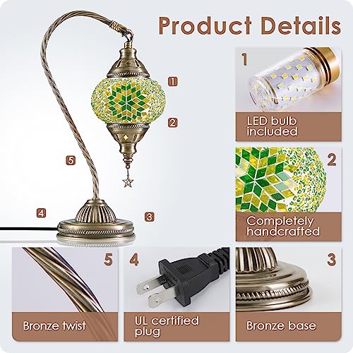 Turkish Moroccan Lamp with Bronze Base 3 Color Options Handmade Swan Neck Mosaic Glass Bedside Lamps for Bedroom