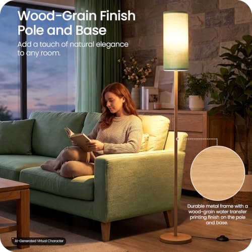 Wooden Textured Tall Slim Floor Lamp for Living Room with Remote and Foot Switch
