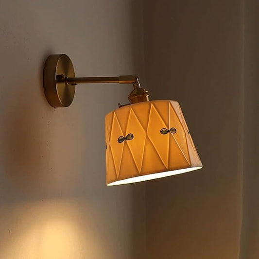 Japanese Style Glazed Ceramics Wall Sconce Adjustable Brass Bedside Wall Lamp with Rotary Switch, Wabi Sabi White Ceramic Wall Sconces Gold Home Decor Lighting Fixture for Bedroom Cafe
