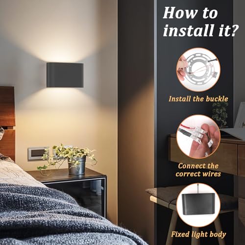Black LED Wall Sconces 1 Pack Indoor Modern Wall Lights Hardwired Up and Down Interior Wall Mount Light for Living Room Bedroom Hallway Warm White 3000K