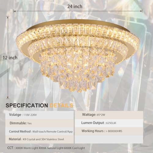 24" Gold Crystal Flush Mount Chandelier Modern LED Ceiling Light Fixture