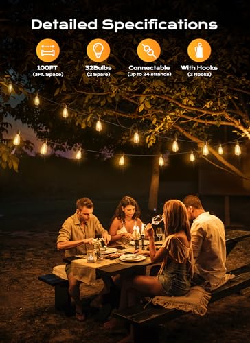 Outdoor String Lights Patio Lights 100FT ST38 Waterproof Dimmable
