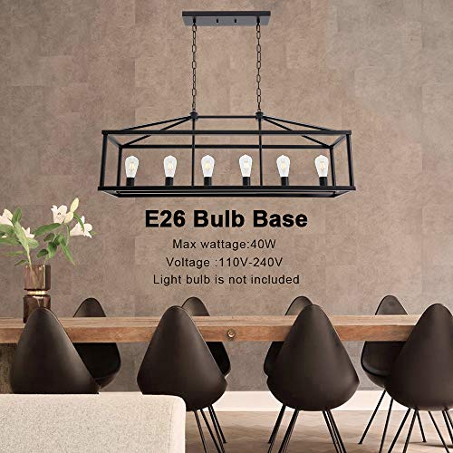 Modern Rectangle Chandelier 6 Light Black Industrial Vintage Kitchen Island Lighting Fixture Hanging Pendant Lamp Farmhouse Metal Cage Ceiling Light Fixtures for Living Room Dining Room Foyer