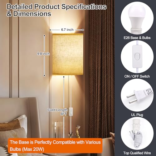 Plug in Wall Sconces Set of Two Wall Lights with On (2 Count)