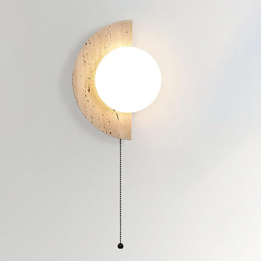 Semi Circle Yellow Travertine Wall Sconce, Wabi Sabi Marble Wall Light with Glass Lampshade and Pull Switch, Half Moon Natural Stone Wall Lamp for Bedroom Living Room Hallway(Left)