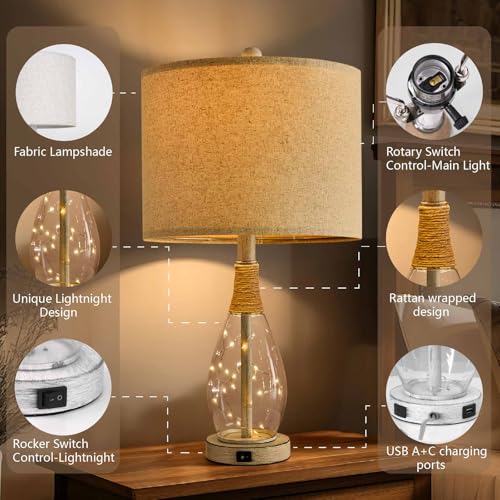 23" Table Lamps for Living Room Set of 2 Bedside Lamps for Night Stands Bedroom Lamps Farmhouse Rattan Boho Lamp Glass Nightlight End Table Lamp with USB C+A (2 Count)