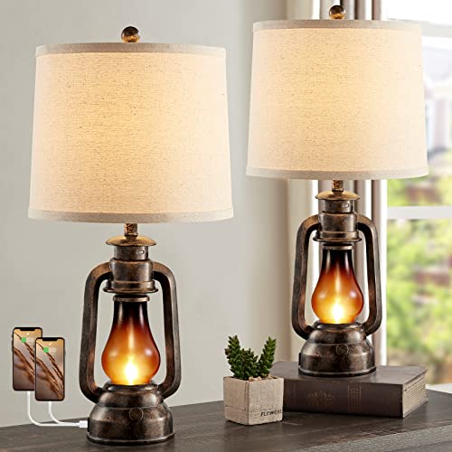 Farmhouse Lantern Table Lamps for Living Room Set of 2 with USB C+A (2 Count)